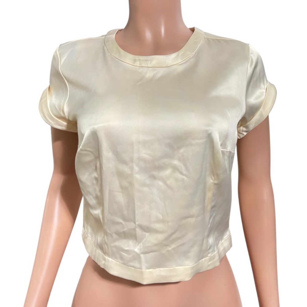 NWT By ANTHROPOLOGIE Cream Satin Baby Tee Blouse - Picture 4 of 16